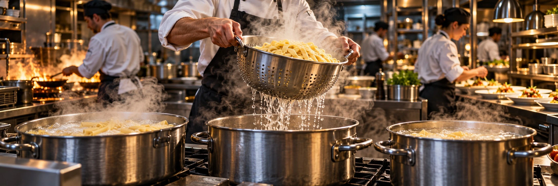 Chef draining pasta in a professional kitchen