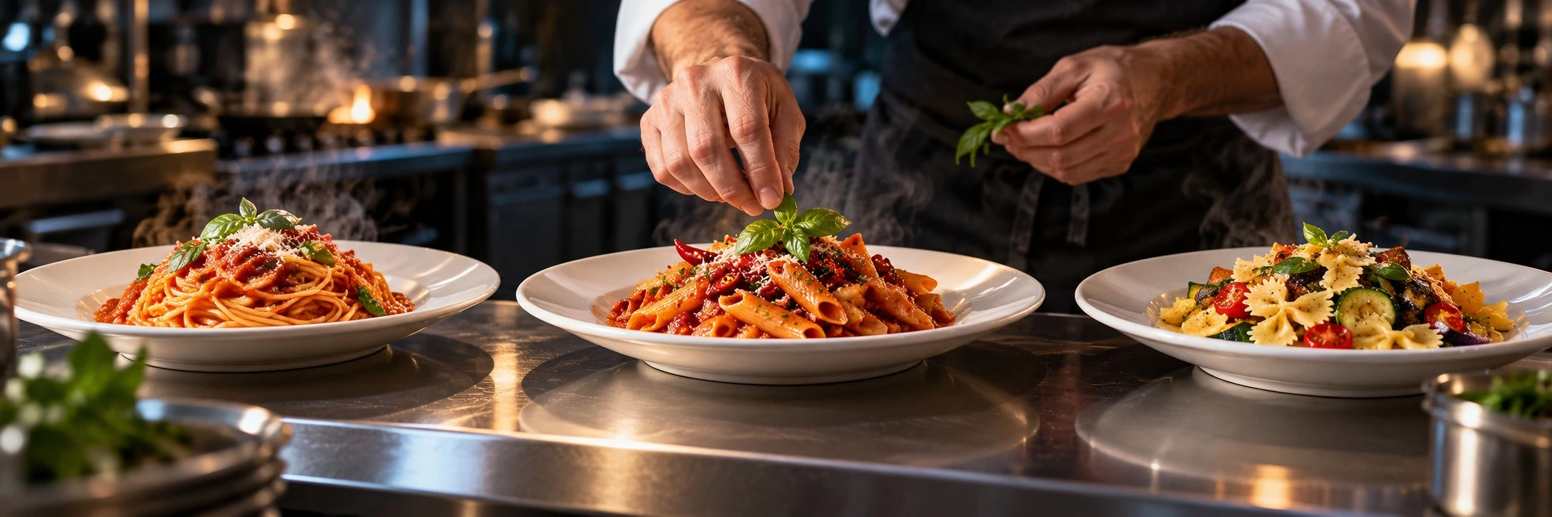 Chef finishing pasta dishes at the kitchen pass