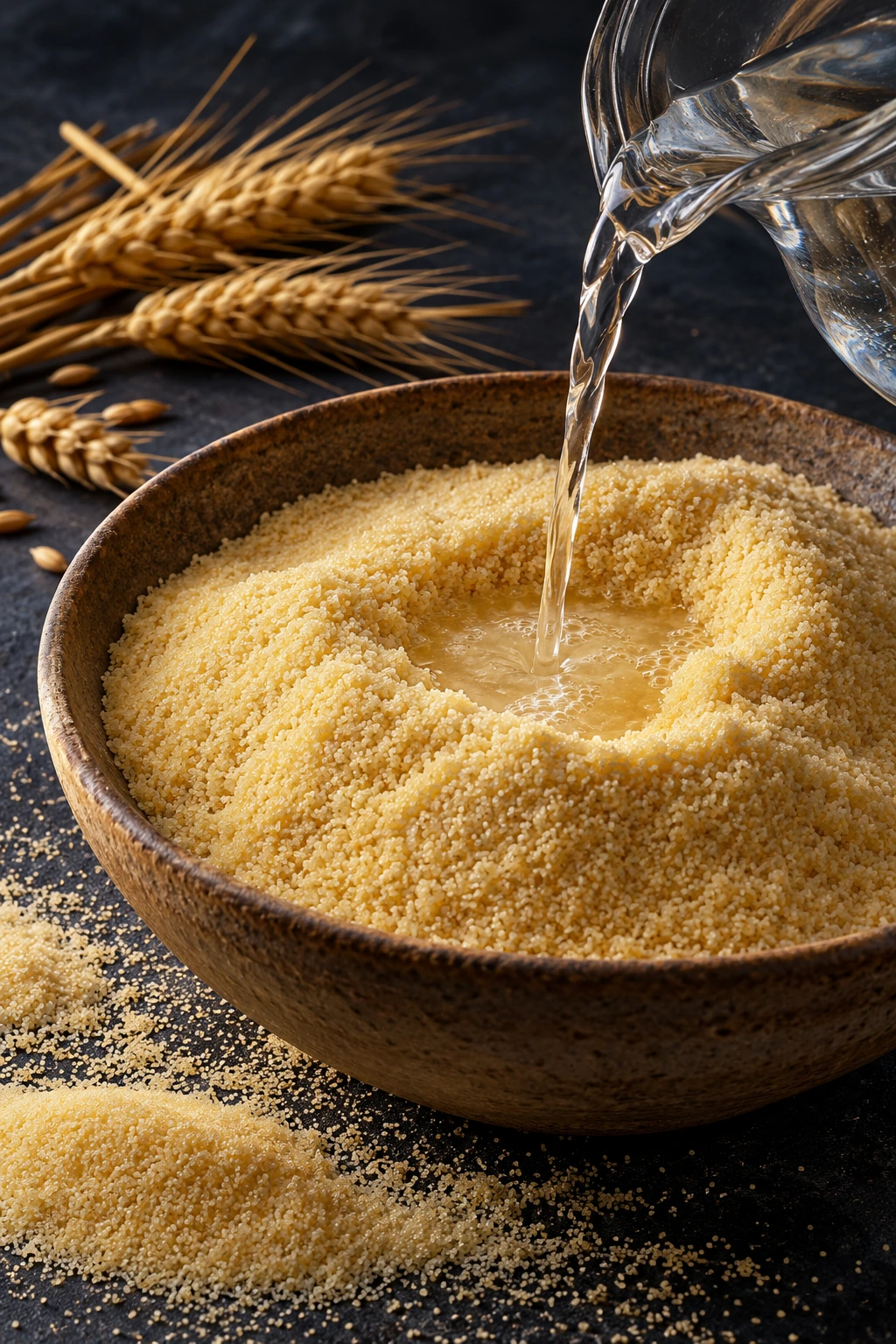 Golden durum wheat semolina and clean water on a dark worktop